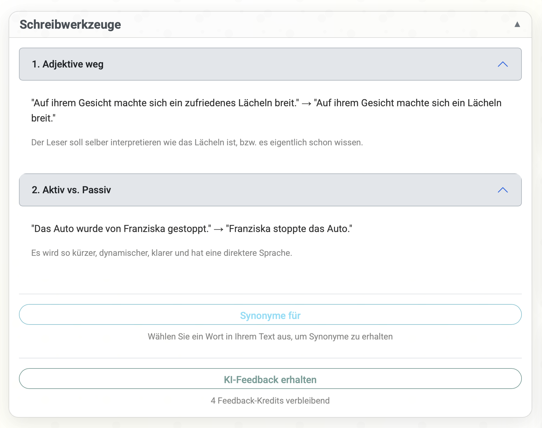 Screenshot showing the text editor with custom writing tools displayed prominently at the top. Shows examples like 'Use active voice', 'Show don't tell', 'Include sensory details' as clickable reminder pills above the writing area. The tools are color-coded and clearly visible while writing.