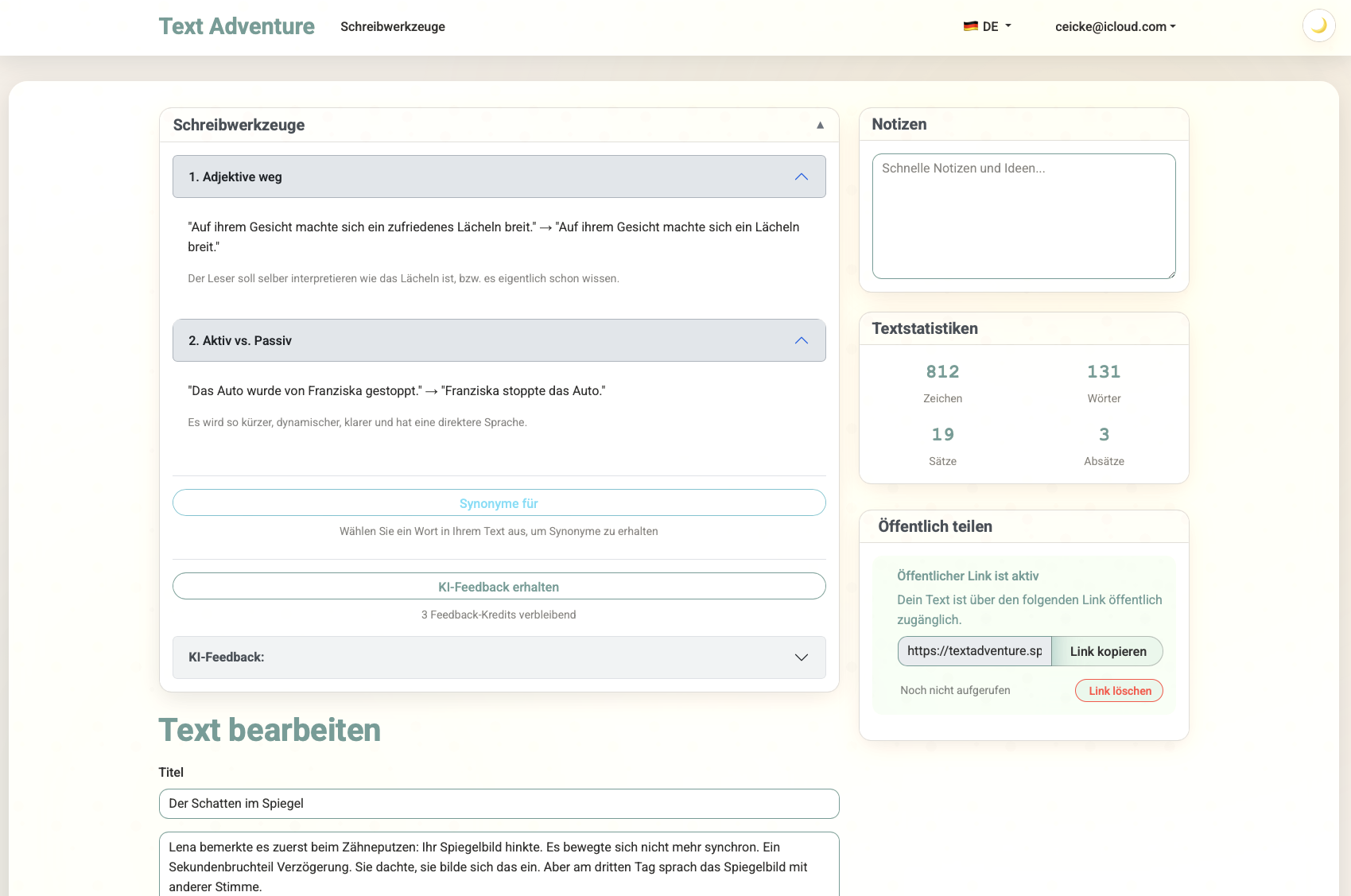 TextAdventure dashboard demo showing custom writing tools and AI feedback features