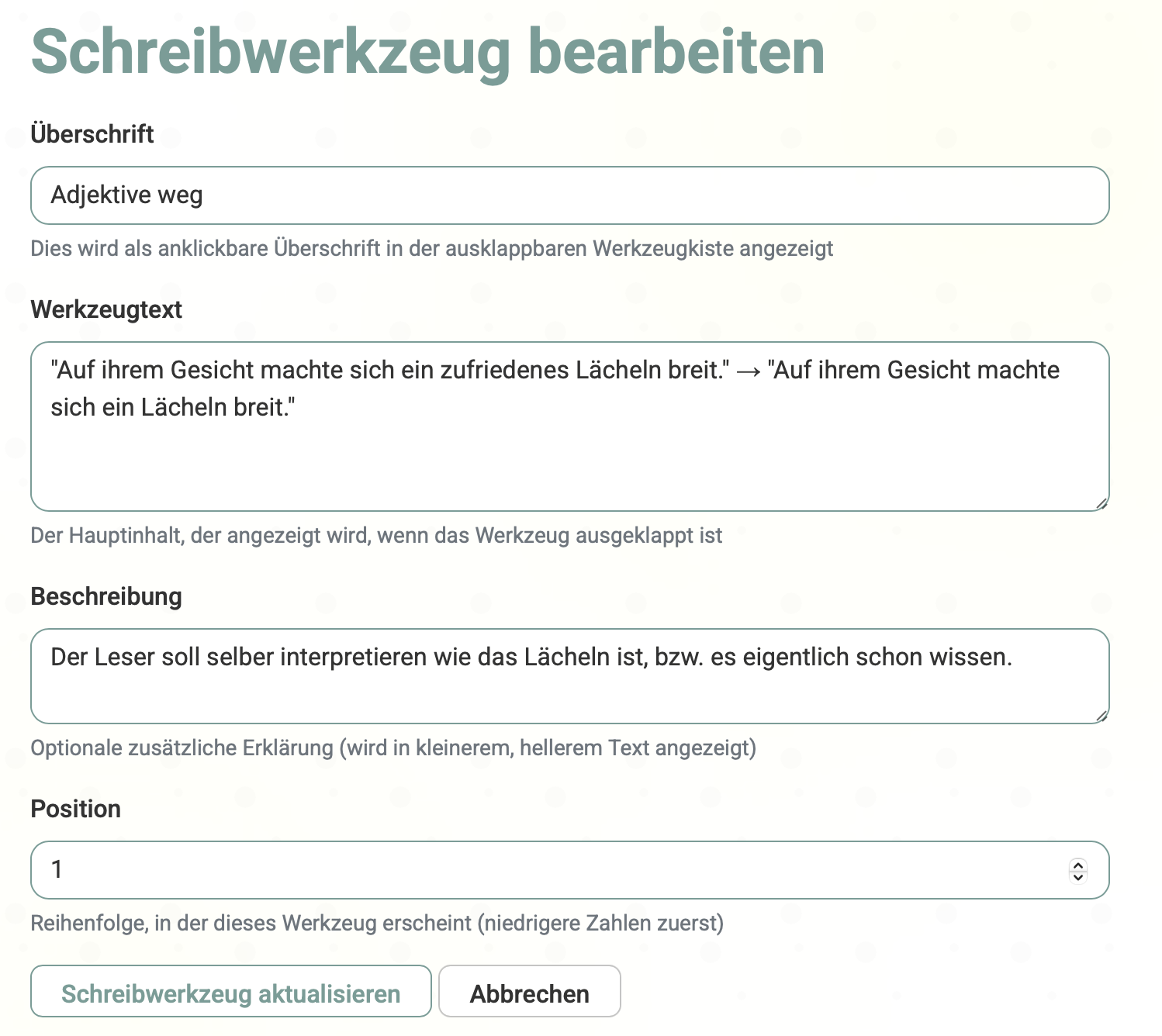 Screenshot of the writing tools creation interface. Shows a form where users can add custom writing rules like 'Use active voice in business writing' and 'Include concrete examples in every paragraph'. The interface has input fields, color coding options, and shows how tools will appear at the top of the editor.