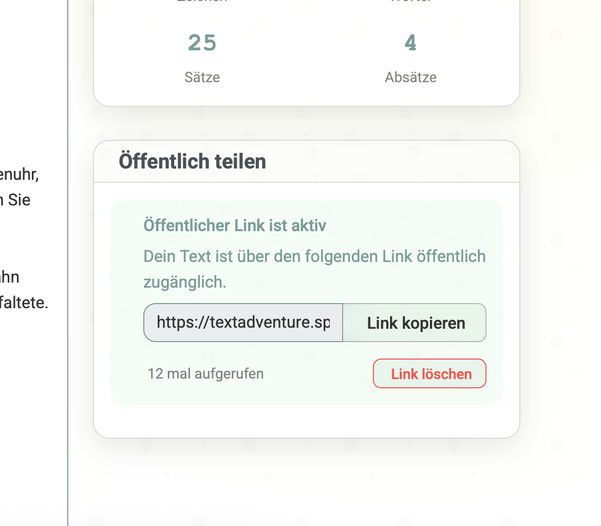 Screenshot showing the public sharing interface. Shows a 'Make text publicly available' section with a generated public URL, options to create shareable links, and analytics showing click tracking (e.g., 'Link viewed 47 times'). Demonstrates how users can get feedback from others without requiring them to sign up.