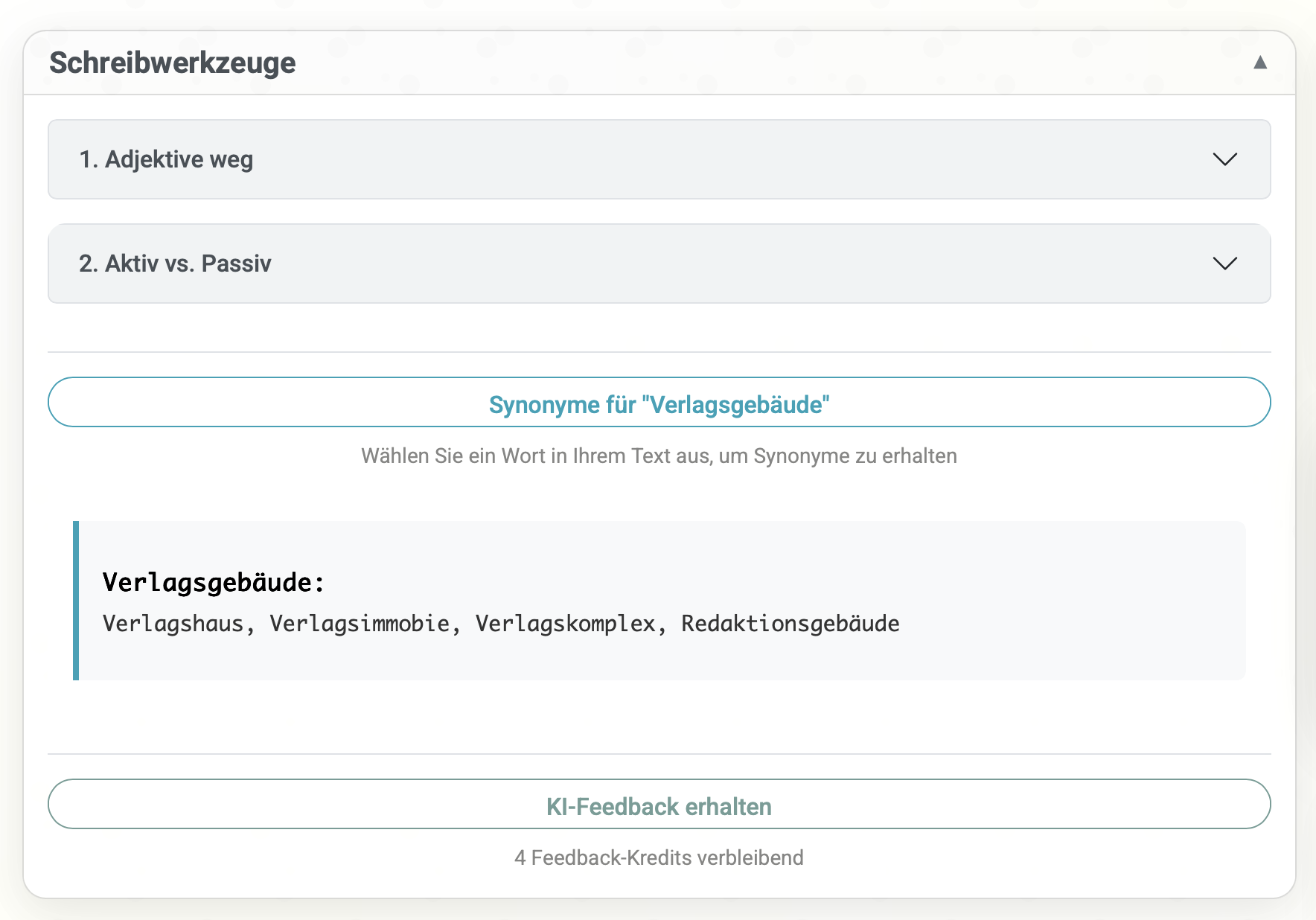 Screenshot of the synonym suggestion feature showing selected word 'nice' with context-aware alternatives like 'pleasant, delightful, charming' displayed in a clean interface alongside personalized AI feedback panel.